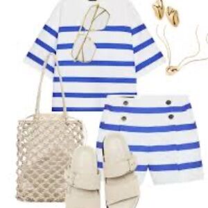 SHORT SLEEVE STRIPE TOP AND BUTTON SHORT SET BLUE / WHITE